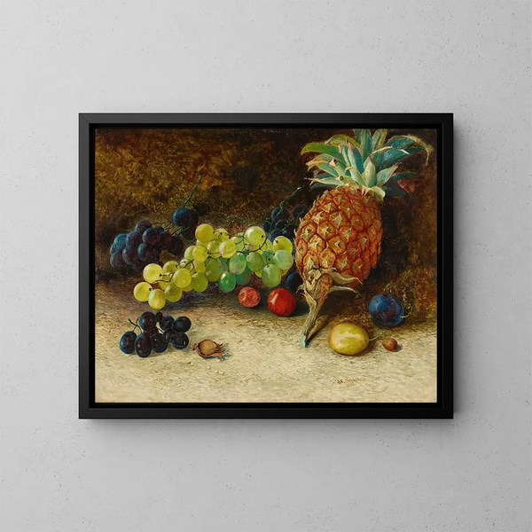 Still life with a pineapple, grapes, nuts, and plums - John Atkinson Grimshaw — framed artwork on a wall
