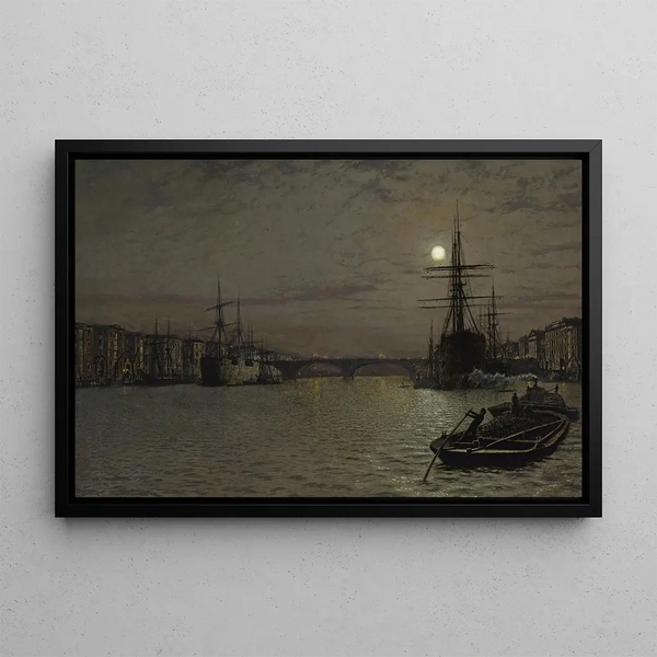The Basin and London Bridge at Night - John Atkinson Grimshaw — framed artwork on a wall