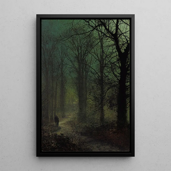 Through the Wood - John Atkinson Grimshaw — framed artwork on a wall