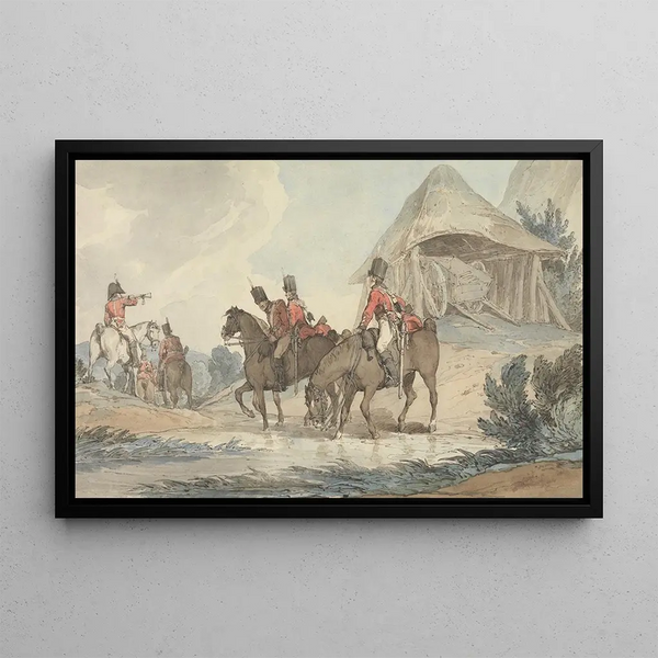 Cavaliers traversant un ruisseau, rassemblés par un trompettiste - John Augustus Atkinson — framed artwork on a wall