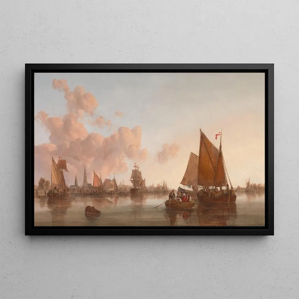 Sailing ships and barges on a Dutch estuary - John Berney Crome — framed artwork on a wall