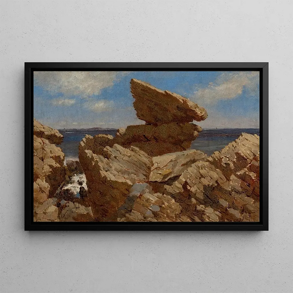 Anse rocheuse avec rocher en équilibre - John Bradley Hudson — framed artwork on a wall