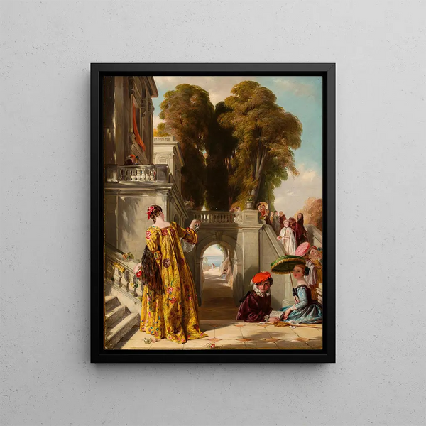 Elegant Characters Painting on the Terrace of a Country House - John Callcott Horsley — framed artwork on a wall