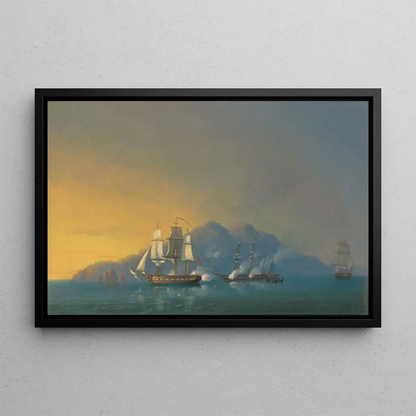 the schooner with 18 cannons HMS Stork engaging the French brig Cygne and two armed schooners anchored off Pearl Rock, Martinique, December 12, 1808 - John Christian Schetky — framed artwork on a wall