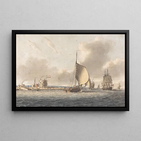 an English frigate and other ships in the Solent off Calshot Castle - John Cleveley the Younger — framed artwork on a wall