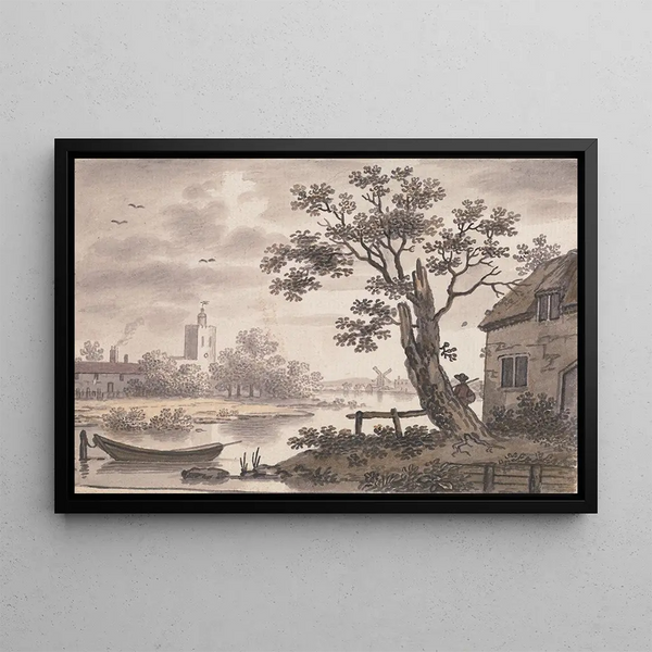 River scene with church, cottage, and windmill - John Collet — framed artwork on a wall