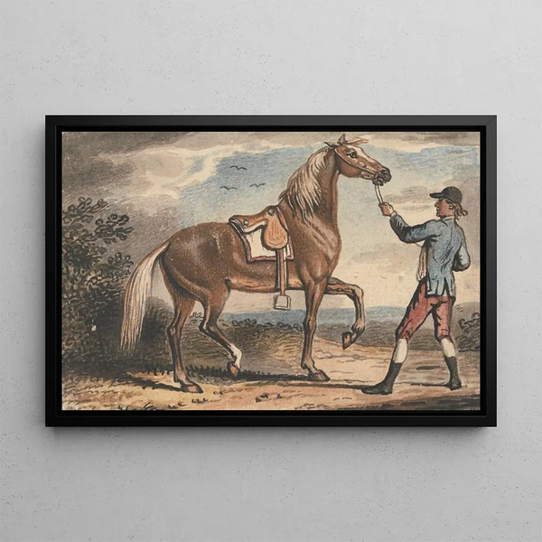 Stable Boy Holding a Horse in a Landscape - John Collet — framed artwork on a wall