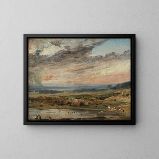 Hampstead Heath painting with pond and bathers - John Constable — framed artwork on a wall