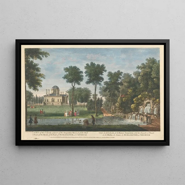 View of the cascade of a part of the Serpentine River from the west facade of the house of the Earl of Burlington in Chiswick - John Donowell — framed artwork on a wall