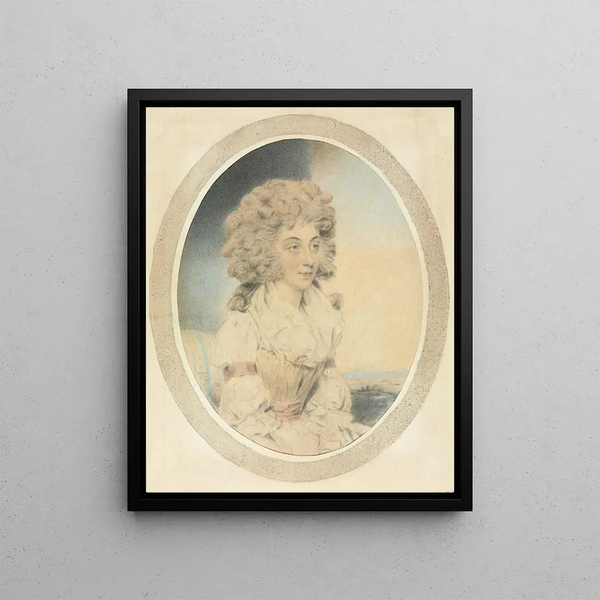 Young woman sitting turned to the right - John Downman — framed artwork on a wall
