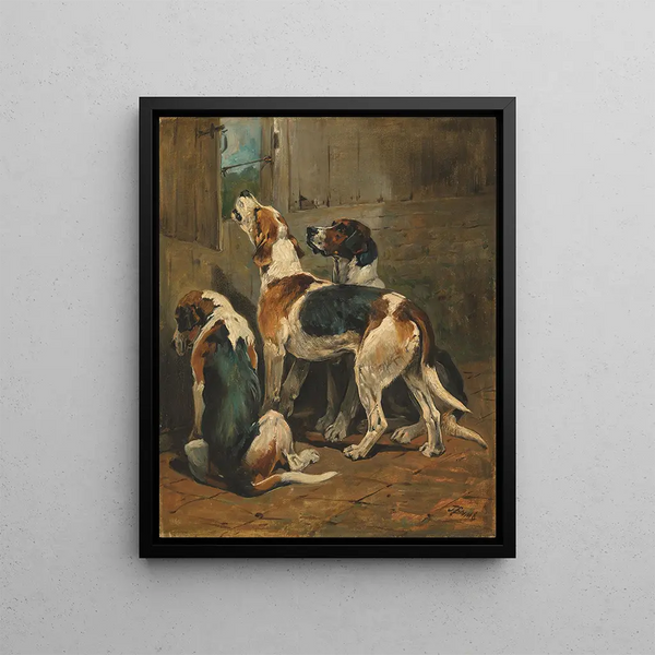 Foxhounds à la porte d'un chenil - John Emms — framed artwork on a wall