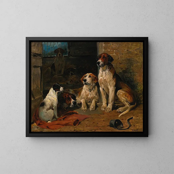 Dogs near a Kennel - John Emms — framed artwork on a wall