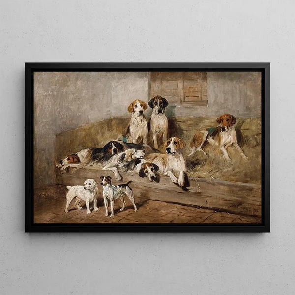 Dogs and Terriers in a Stable - John Emms — framed artwork on a wall