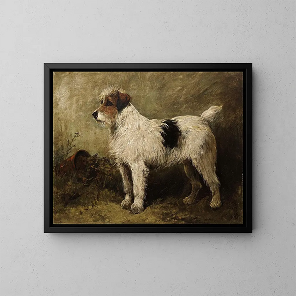 Terrier dans un jardin - John Emms — framed artwork on a wall