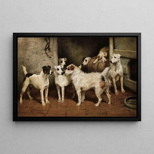 Terriers at the Stable Door, a Distant Relative - John Emms — framed artwork on a wall