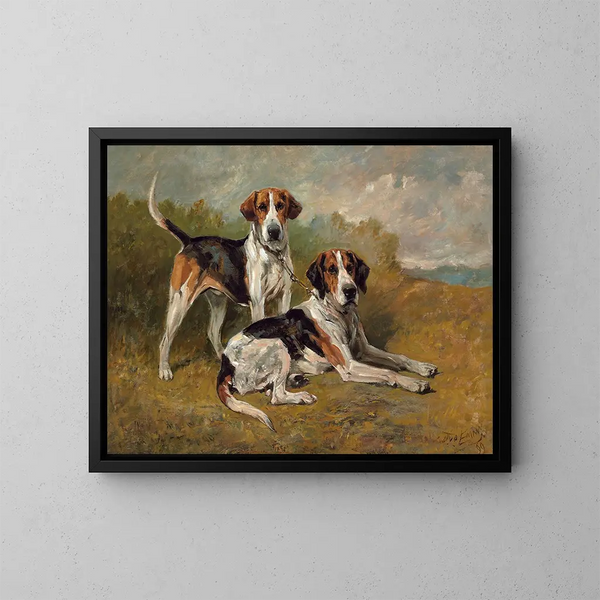 Two dogs at rest - John Emms — framed artwork on a wall
