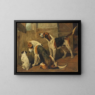 Waiting for the hunt, a burrow and two hunting dogs - John Emms — framed artwork on a wall