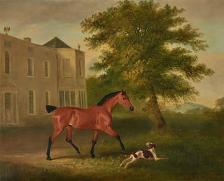 a painting of a chestnut horse and a dog in front of Humewood Manor near Wicklow - John Ferneley — artwork view