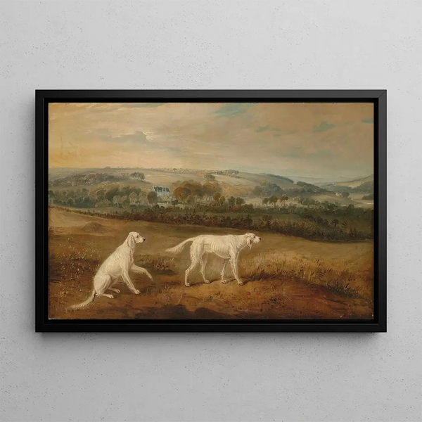 Blush and Juno, English Setters in a Wide Landscape - John Ferneley — framed artwork on a wall