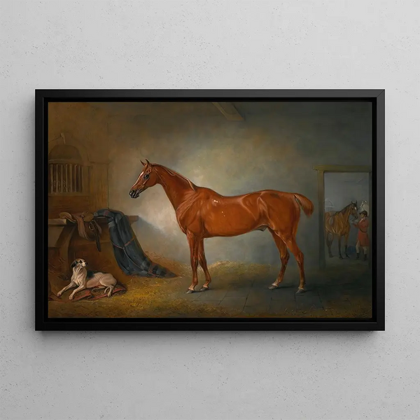 The Chestnut Hunter by Lord Henry Bentinck, Firebird and Policy, a foxhound in a kennel - John Ferneley — framed artwork on a wall