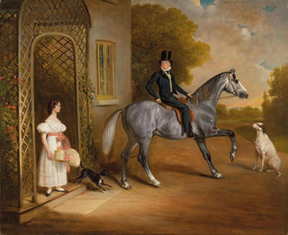 Master John Marriott on a gray horse with his sister Annis and their dogs in front of the Elms at Cropwell Butler - John Ferneley — artwork view