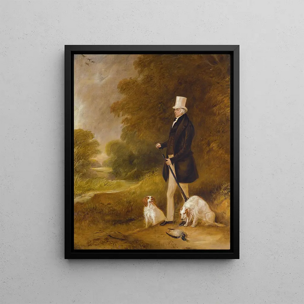 Portrait of Sir William Mordaunt Sturt Milner 4th Bt 1779-1855 with two Clumber Spaniels in hunting - John Ferneley — framed artwork on a wall