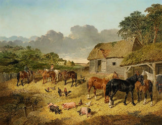 horses drinking at a trough with pigs and chickens in a farmyard - John Frederick Herring Jr. — artwork view