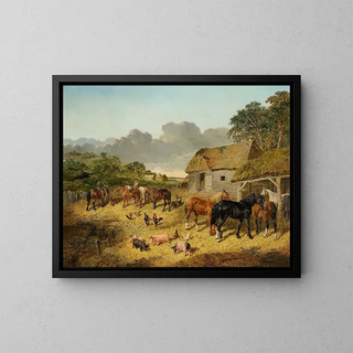 horses drinking at a trough with pigs and chickens in a farmyard - John Frederick Herring Jr. — framed artwork on a wall