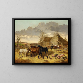 horses eating from a manger with pigs and chickens in a farmyard - John Frederick Herring Jr. — framed artwork on a wall