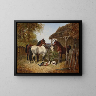 Horses and ducks in a farmyard - John Frederick Herring Jr. — framed artwork on a wall