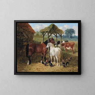 Horses, cows and chickens in a farmyard - John Frederick Herring Jr. — framed artwork on a wall
