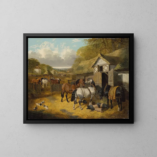 Horses, pigs and ducks in a farmyard - John Frederick Herring Jr. — framed artwork on a wall
