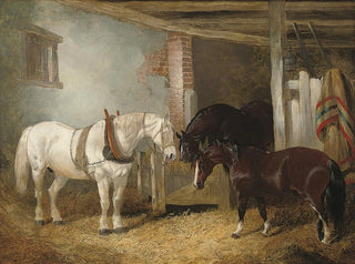 Trois chevaux dans une écurie se nourrissant d'une mangeoire - John Frederick Herring Jr. — artwork view