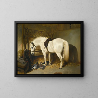 a gray pony in a stable with ducks - John Frederick Herring the Elder — framed artwork on a wall