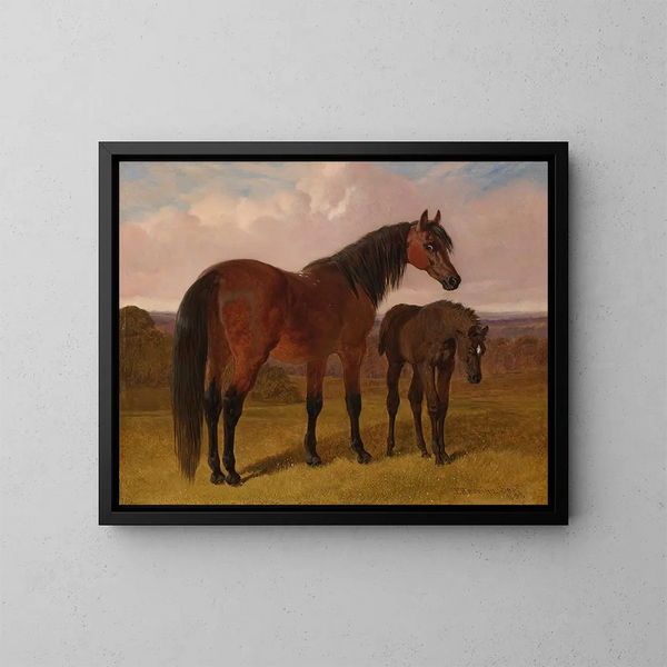 A mare and her foal in a landscape - John Frederick Herring the Elder — framed artwork on a wall