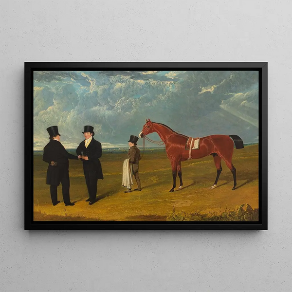 Don Antonio painting with its owner M. Ferguson, his trainer, and a groom - John Frederick Herring the Elder — framed artwork on a wall
