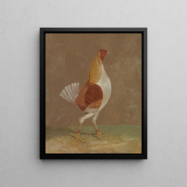 Roosters of combat: a fighting rooster with a pale chest turned to the right - John Frederick Herring the Elder — framed artwork on a wall