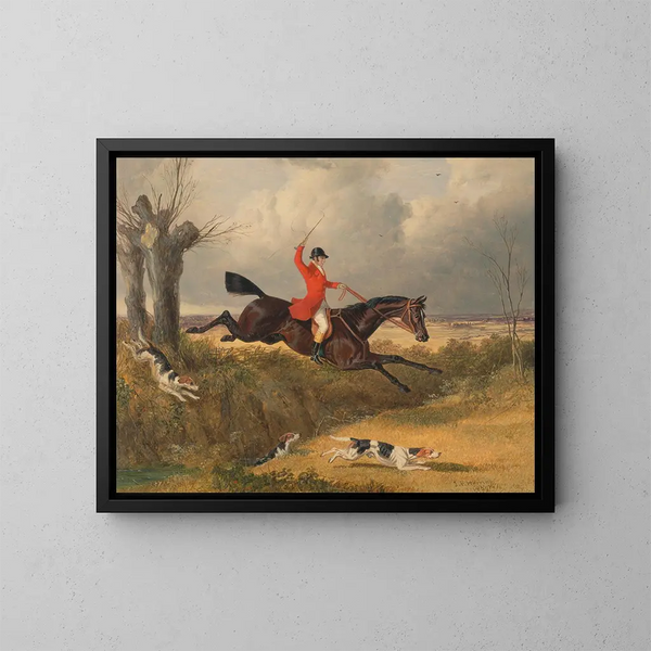 Hunting with hounds crossing a ditch - John Frederick Herring the Elder — framed artwork on a wall