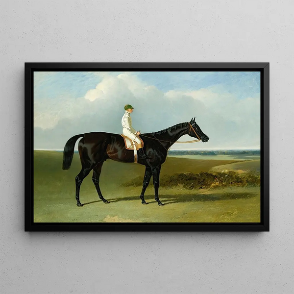 The Dark Chestnut Racehorse by Mr. O'Brien, Jonathan Wild, with jockey T. Ryder - John Frederick Herring Sr. — framed artwork on a wall