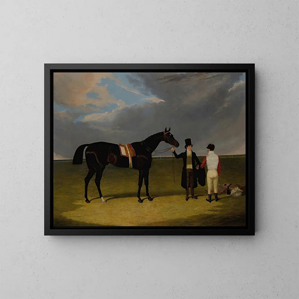 The Saddler with Jockey and Trainer at Doncaster - John Frederick Herring the Elder — framed artwork on a wall