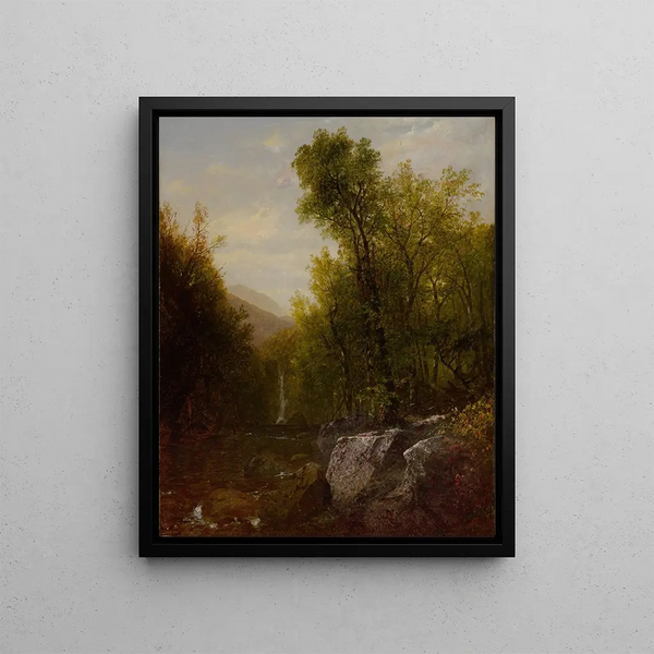 Fishing near a forest waterfall - John Frederick Kensett — framed artwork on a wall