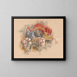 a Turkish araba pulled by two white oxen in Constantinople - John Frederick Lewis — framed artwork on a wall