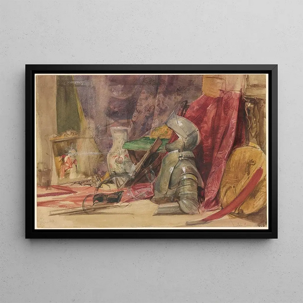 an interior with armor and weapons - John Frederick Lewis — framed artwork on a wall