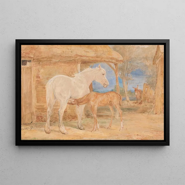 Gray mare and bay foal - John Frederick Lewis — framed artwork on a wall