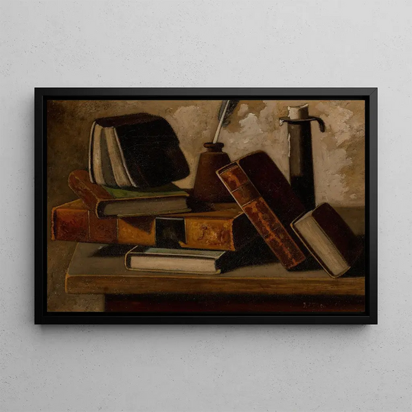 Still life with books, inkward and candlestick - John Frederick Peto — framed artwork on a wall