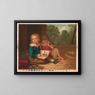 Two children with a book and a baguette - John Gast — framed artwork on a wall