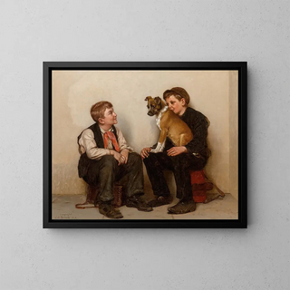 Two shoe shine boys with a dog - John George Brown — framed artwork on a wall