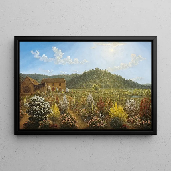 View of the artist's house and garden in Mills Plains, Van Diemen's Land - John Glover — framed artwork on a wall