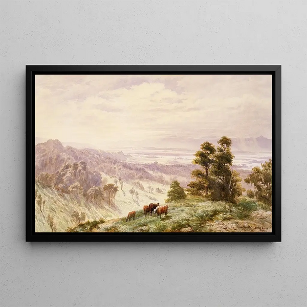 Landscape painting of the Waimea plains, Nelson - John Gully — framed artwork on a wall