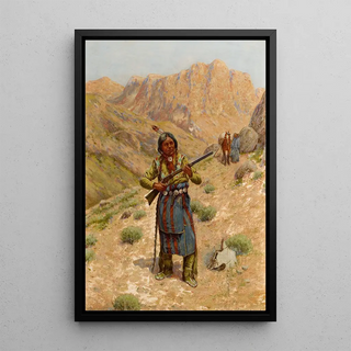 Indian Plains Painting with Rifle - John Hauser — framed artwork on a wall